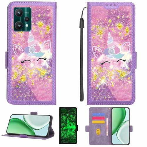 Kinetijy Coque Compatible pour Realme 9 Pro Plus Coque Étui Housse Case Support [avec Film Protecteur HD d'une dureté de 9H] [Blocage RFID][Paillettes dorées + Brillantes] LPT-DJS
