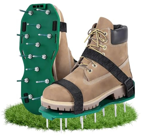 Riisoyu Zapatos Airador Escarificador de Cesped, Sandalias Aeradoras Universa Aerador Para Jardín Patio Sin Instalación con Clavos en Acero y 4 Correas Ajustables para Airear el Suelo Verde