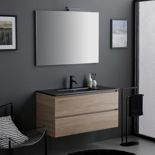 Kiamami Valentina Mobile Bagno Sospeso 100 Cm Rovere Lavabo Nero Opaco | 2 cassetti, lavabo ceramica nero opaco, specchio 100x70 cm con lampada LED, legno nobilitato, modello Berlin