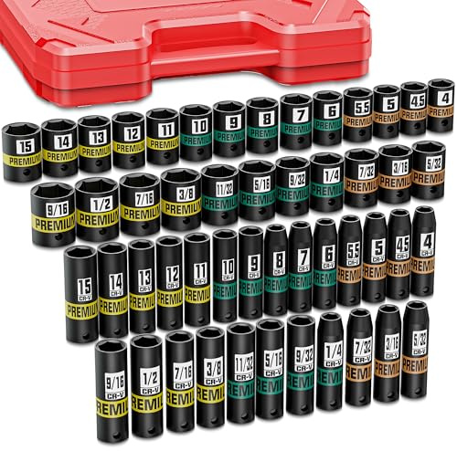 Aurlloct 1/4 Drive Impact Socket Set, 50Pcs Deep Sockets, SAE (5/32-9/16) and Metric (4-15mm), SAE & Metric Socket Set Repair Automotive Truck Tractor Engine