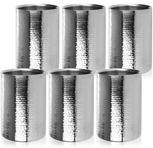 com-four® 6x Flaschenkühler - Sektkühler - Eiswürfelkühler aus Edelstahl, Weinkühler - Eiswürfelkübel doppelwandig - Hammerschlag-Design (06 Stück - silberfarben/gehämmert)