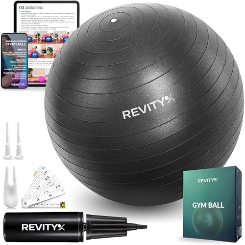 Revity Gymnastikball 65 cm - Pilates Ball & Ergonomischer Sitzball fürs Büro - Rutschfest, Leicht zu Reinigen, Geruchsneutral, Anti-Burst 250 kg, Matte Oberfläche, Pumpe & Trainingsguide