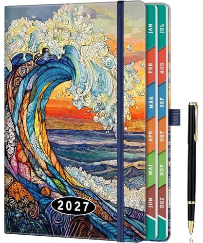 Terminplaner 2027 A5 (21,5 x 15 cm), 1 Tag pro Seite, Tagesplaner Jan–Dez 2027, Deutscher Kalender mit farbigen Monatsregistern, Innentasche & Stift - Sonnenwelle
