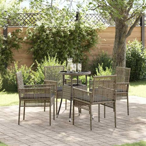 sephironlbb Garten Essgruppe 5-teilig Grau Poly-Rattan mit Glasplatte, wetterfestes Gartenmöbel Set für Terrasse und Balkon, inklusive Kissen, stapelbare Stühle, platzsparende Outdoor Sitzgruppe