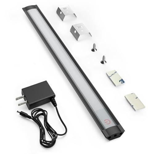 MYPLUS Under Cabinet Lights, 12 Touch Activated and Dimmable Aluminum LED Bar for Kitchen, Workbench and Desk, Warm White 3000K, Plug-in, Black.