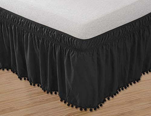 Elegant Comfort Jupe de lit élastique Infroissable à Franges à Pompons avec nœud sur Le Dessus – Hauteur de 40,6 cm – Grand lit/très Grand lit – Noir