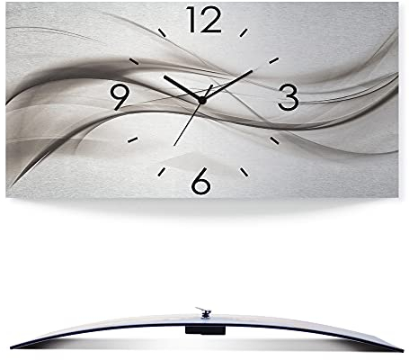 ARTLAND Wanddeko Wanduhr ohne Tickgeräusche Alu Funkuhr 50x25 cm Eckig Lautlos 3D Design Kunst Welle Abstrakt Modern Silber K5ZO
