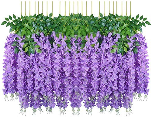 Pauwer 24 Stück Künstliche Blumen Fake Glyziniengirlande Blumengirlande Hängende Blauregen Seidenblumen für Heimdekoration Hochzeiten Hause Garten Party (Lila)