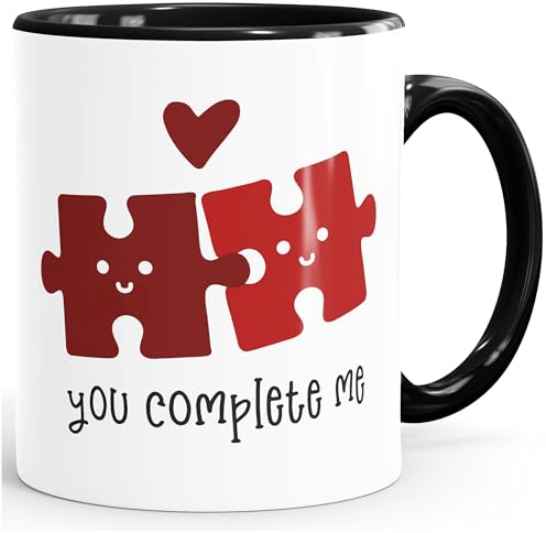 MoonWorks® Kaffee-Tasse you complete me Spruch Liebe Geschenk Partner Valentinstag Jahrestag Puzzlestücke Schwarz Keramik-Tasse