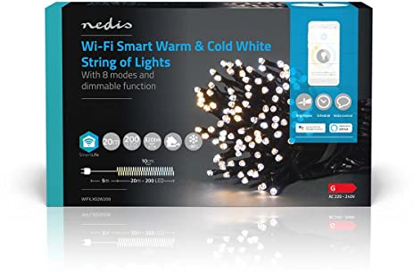 Nedis SmartLife Dekorativt LED-rep – varmvit sval – 200 lysdioder inomhus och utomhus – 7 rörelsemönster – 20 m – Android/IOS