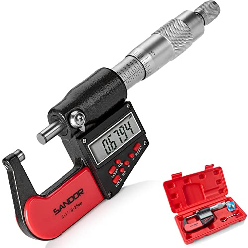 Professional Digital Outside Micrometer with Carbide Tip 0-1/0-25mm Measuring Range - 0.00005 / 0.001mm Accuracy with Ratchet Stop and Protective Case - Precision Machinist Workshop Automotive Tool