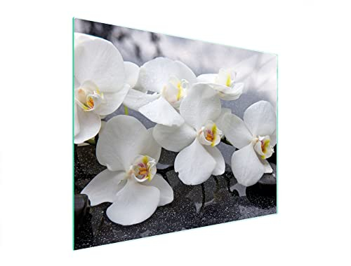 DarHaus Herdabdeckplatte 52x40 cm 1-teilig Ceranfeldabdeckung Induktion Herdschutz Spritzschutz Glasplatte Deko Schneidebrett, Orchidee Weiß