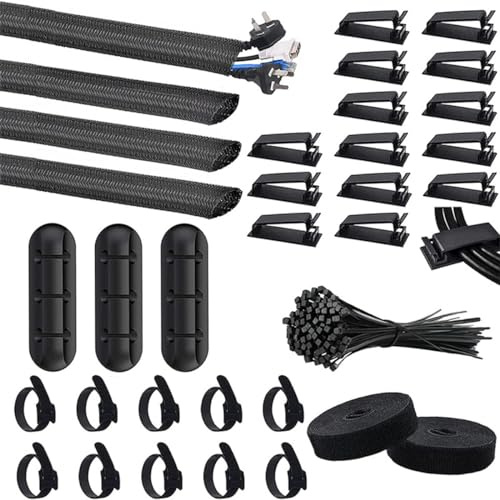 VOANZO Kit de Gestion de câbles 134PCS 4 Manchons de câble 3 Supports de câble 15 Serre-câbles 10 +2 Rouleaux de Serre-câbles Auto-adhésifs et 100 Serre-câbles pour Le Bureau à Domicile