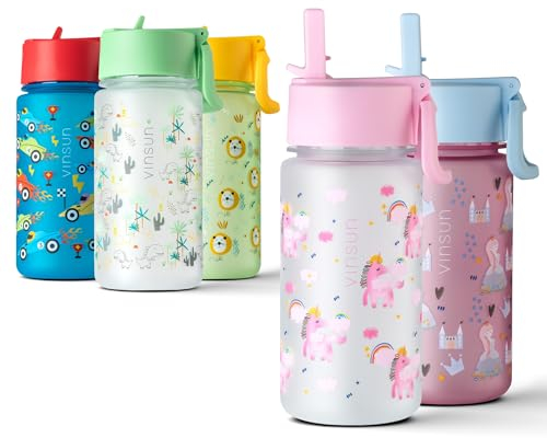 VINSUN Trinkflasche Kinder 500ml Einhorn - Strohhalm Deckel, auslaufsicher, BPA frei, Kohlensäure geeignet, Tritan - rosa Wasserflasche für Kindergarten, Grundschule