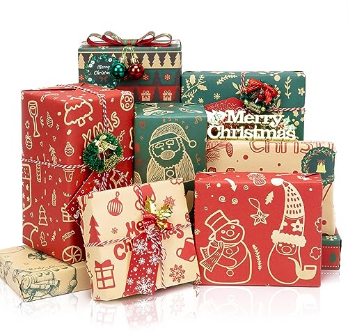 Toptime Papier Cadeau Noel, 8 Feuilles de Emballage Cadeau Noel avec Étiquettes, Rubans et Autocollants, Papier Cadeau Kraft Vintage, Papier Cadeaux de Noël pour le Nouvel An, les Fêtes, 70x50cm