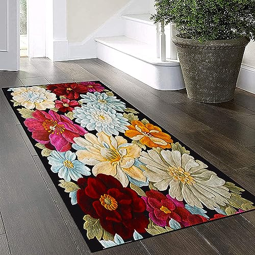 Teppich Läufer Flur Küche Waschbar Rutschfest 80x300cm ,Vintage 3D Blumenmuster Bunter Lang Küchenteppich Flurteppich Teppich Fur Korridor Wohnzimmer Schlafzimmer Meterware Anpassbar,Colored flowers