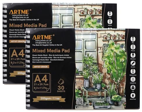 ARTME A4-Mixed-Media-Block 2st - 30 Blatt, 200 g/m², Spiralbindung, mit reißenden Schnittlinien, Skizzenbuch zum Zeichnen und Malen (A4 x 2)