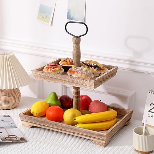 MININUSI Fuente de Madera para Servir Bandeja de 2 Niveles para Fiestas Boda Frutero Soporte Tartas 2 Pisos Bandeja Rústica de Dos Rectangulares Bandeja para Servir Cupcakes Frutas con Mango de Metal