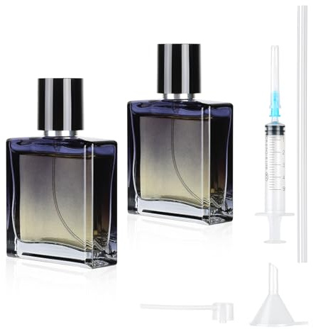MirraSwit 2 st 30 ml parfym atomiser, tonad blå fyrkantig parfym reseflaska, bärbar, klar tom glasparfym sprayflaskor med tratt, parfymdispenser och spruta för resor