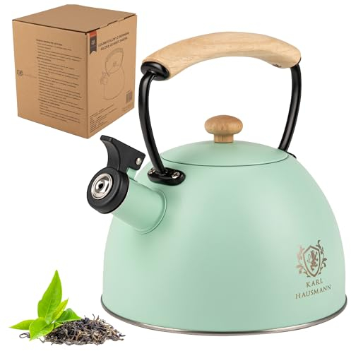 KARL HAUSMANN Bouilloire Inox - 2.5L - Bouilloire Sifflante - Bouilloir Induction, Gaz - Poignée Résistante à la Chaleur - Bouilloir Traditionnelle Tous Feux - Retro - Théière Gaz (Turquoise)