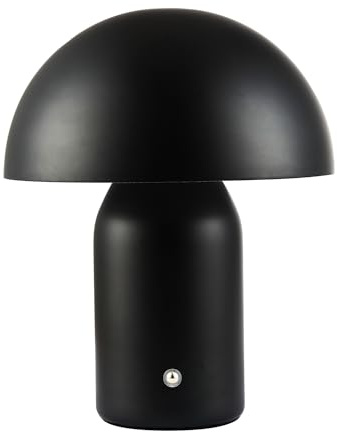 Happy Homewares Modern Rechargeable Mushroom Table Lamp in Mat Black - USB-C Cable Included | 3-Step Touch Dimmer | 7200mAh Power | 3w 3000k LED