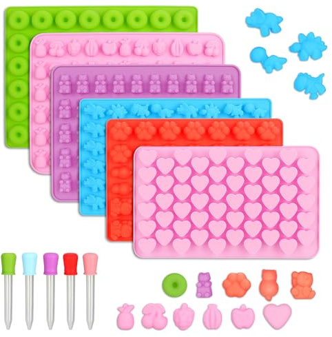6Pcs Silicone Gummy Candy Molds with 5 Dropper, Non Stick Jelly Molds Gummy | Bear Mould Chocolate Moulds Donut Mould Ice Cube Trays Including Mini Dinosaur, Hearts, Donut, Bear, Fruit, Paw
