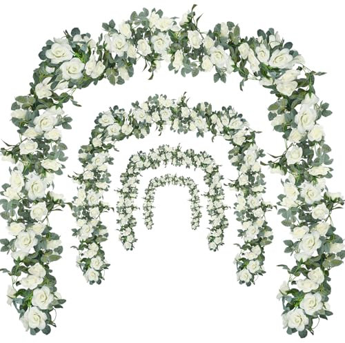 Bacucine Flower Garland Rose Vine 4Pcs 28FT Artificial Floral Garland with Green Leaves Hanging Rose Vine for Wedding Party Garden Home Wall Decor (White)
