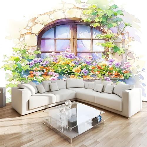 Papel Pintado Pared Flores de ventana de pintura al óleo Papel Tapiz Tejido No Tejido DecoracióN de Pared Murales 200x140 cm FotográFic Sala de Estar Dormitorio Tv De Fondo Fotomurales