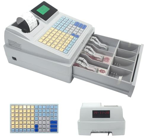 Kassaregister med 81 tangenter, elektroniska kassaregister med dubbla displayer för kund och försäljning, automatisk utskrift av kvitto, kassalåda och kontantdetekteringslampa