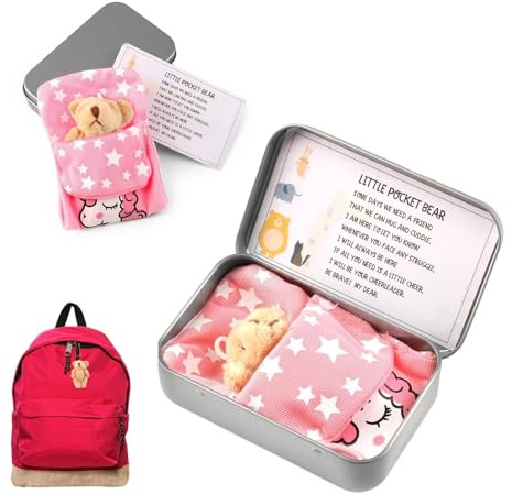 Novstuf Little Pocket Bear Hug, Mini Teddy Bear in a Tin Box Plush Toy Stuffed Animal Bear Cute Doll Decoration Key Chain Hug Love Token Christmas Birthday Graduation Gifts for Children Women Friend