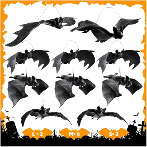 Halloween Fledermaus Set, 10 Stück 3D Hängend Gruselig Deko Outdoor Indoor, Wasserdichtes PVC 5 Größen, Horror Dekoration Für Garten Fenster Tür Baum Draußen