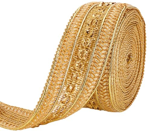 MAYJOYDIY 4.5m Goldmetallic Jacquard Bordüre 42mm Breiter Indischer Gimp Zopf Doppelseitig Bestickt Mit Eingewebten Goldfäden Für Vorhänge Lampenschirm Sofa DIY Nähen Basteln