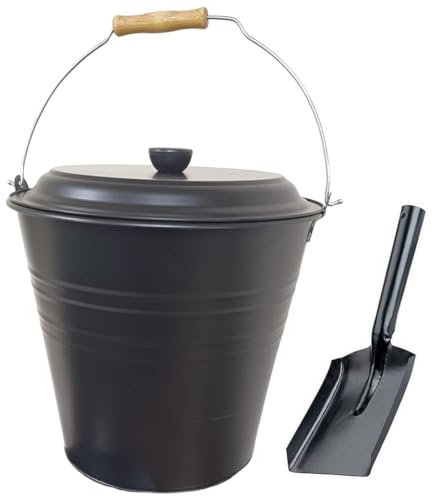 Easy Shopping® 12L 12 Liter Metal Ash Bucket Black with Free Shovel Fireside Storage Coal Ash Bin Fire Log Container with Wood Handle and Black Lid