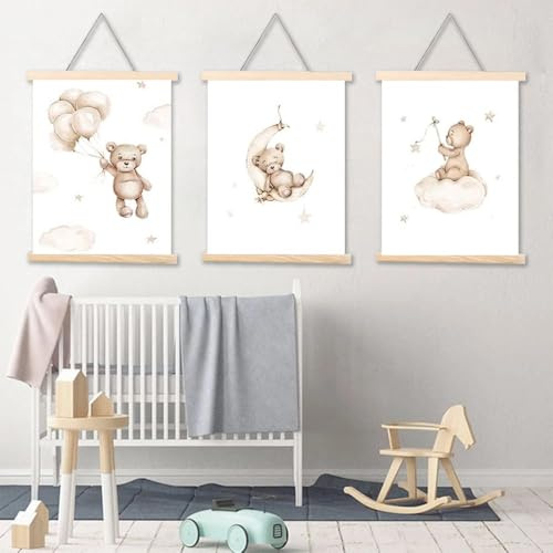 3 Poster Bär Schlafzimmer Baby Beige Poster Kinderzimmer Junge Poster Bär Baby Ballon Wolke Mond Wanddekoration Jungen 40x50cm Leinwand Kinderzimmer Geschenk ohne Rahmen (YHPT009-40x50cm)