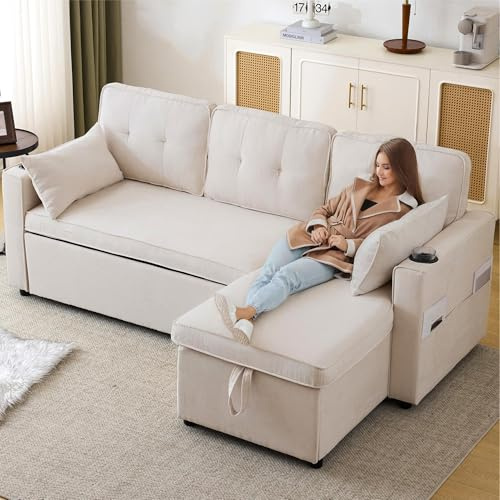Sofa mit Schlaffunktion, Big Sofa 3 Sitzer Sofa L Form Modernes Design, Polstermöbel Loungesessel mit Stauraum und Getränkehalter, Wohnzimmer Möbel Schlafsofa, Links und Rechts Austauschbar, Beige