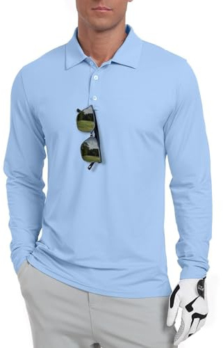 QIXING Men's Golf Polo Shirts Long Sleeve UPF 50+ Lightweight，Quick Dry Performance Collar Summer Tops for Golf, Fishing, Tennis(Light Blue, XL)