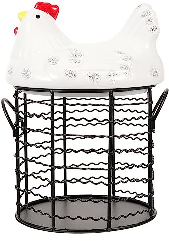 OFFSCH Ceramic Egg Basket with Hen Shaped Lid for Food and Egg Storage, Iron Frame, Farm-style Design for Kitchen and Home Countertop Organization