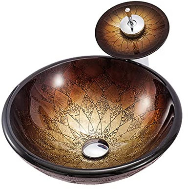WOTZOV Aufsatzwaschbecken, rund, gehärtetes Glas, Badezimmerwaschbecken, Wasserfall-Wasserhahn und Abflussset, 420 x 145 mm