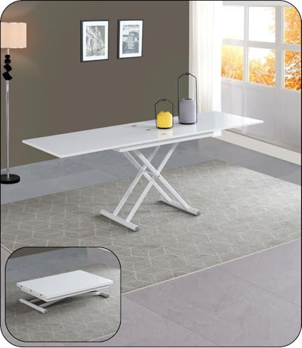 Table de salle à manger transformable gain de place avec grand mécanisme coulissant et réglage en hauteur laqué blanc