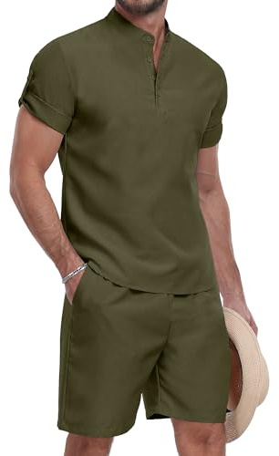 AIYINO Men's Tshirt 2 Sets,Solid Color Tracksuit Outfits,Short Sleeve Crew Neck T shirt with Drawstring Knee Shorts with Pockets,Sportswear Beach Co Ord Set Army Green M