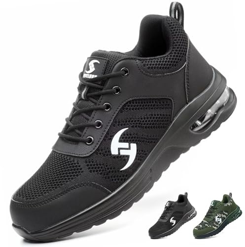 POYLONU Chaussures de Sécurité Hommes Femmes Baskets de Sécurité Légère Respirant Chaussures de Travail avec Embout en Acier et Semelle Anti-Perforation Noir Taille 43
