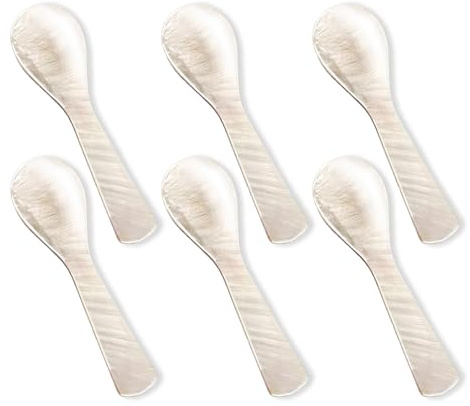 CAMATET 6 Pcs Caviar Spoons Set, 3.54 Inch Mother of Pearl Spoon, Hand Craft Shell Spoon with Handle, Caviar Serving Scoop for lce Cream, Egg, Coffee, Salt, Sauce