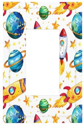 Mexpekil Cartoon Space Planets Rockets Light Switch Cover, 1 Gang Single Rocker Wall Plates, Decorative Outlet Covers Switchplate for Home Office
