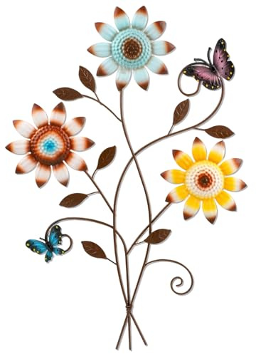 Komergave Metal Sunflower Wall Decor with Butterfly, Garden Wall Art Outdoor Indoor, 3D Colorful Fence Decorations, Metal Flowers Hanging Ornament for Garden Porch Patio Living Room Farmhouse Balcony
