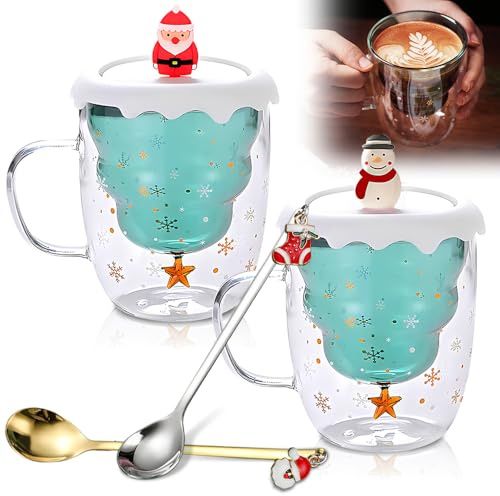 NAVESO 2 Stück Weihnachtsgläser, 300ml Weihnachtstasse mit Deckel und Löffel, Doppelwandige Gläser Weihnachten, Tasse Weihnachten, Weihnachtsgeschenke, Weihnachtstassen Weihnachtsbecher für Cappuccino