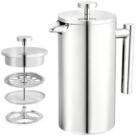 Yumzxin Small French Press Coffee Maker 12oz(350 ML), Stainless Steel Double Walled Insulated Coffee Press for Traveling, Office, or Home, Silver