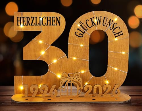 ARTREE Geldgeschenk 30. Geburtstag für Frau & Mann 1996-2026, Perlenhochzeit Geldgeschenk aus Holz mit LED Lichterkette, Schild Gästebuch – Tischdeko & Geldgeschenk in einem, Jahreszahlen Design