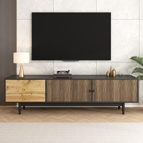 Merax Meuble TV 180 cm avec Portes à Motif Ondulé et 3 Tiroirs, Lowboard Bois et Noir pour Salon avec Rangement et Design Élégant