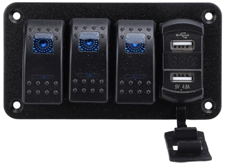 ZJchao Panneau d'interrupteur à Bascule 3 Gangs 12 V 24 V avec Voltmètre et Deux Ports de Charge USB pour Voiture, Bateau, Camion Tableau de Commande électrique Multifonction (lumière bleue)