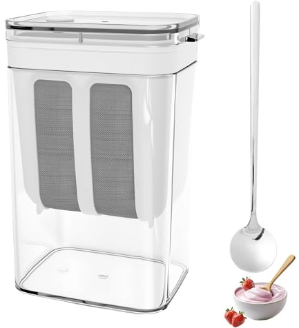 Filtro de yogur de plástico, 1100 ml, con colador de acero inoxidable y cuchara, colador de yogur de gran volumen para yogur griego espeso, leche de soja, kéfir, bayas, sopas, zumos de frutas, café